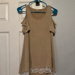 Tan Cold Shoulder Top with Lace Hem